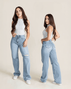 Jeans Rectos de Mezclilla para Mujer Tiro Alto Azul Claro - ROXANZ