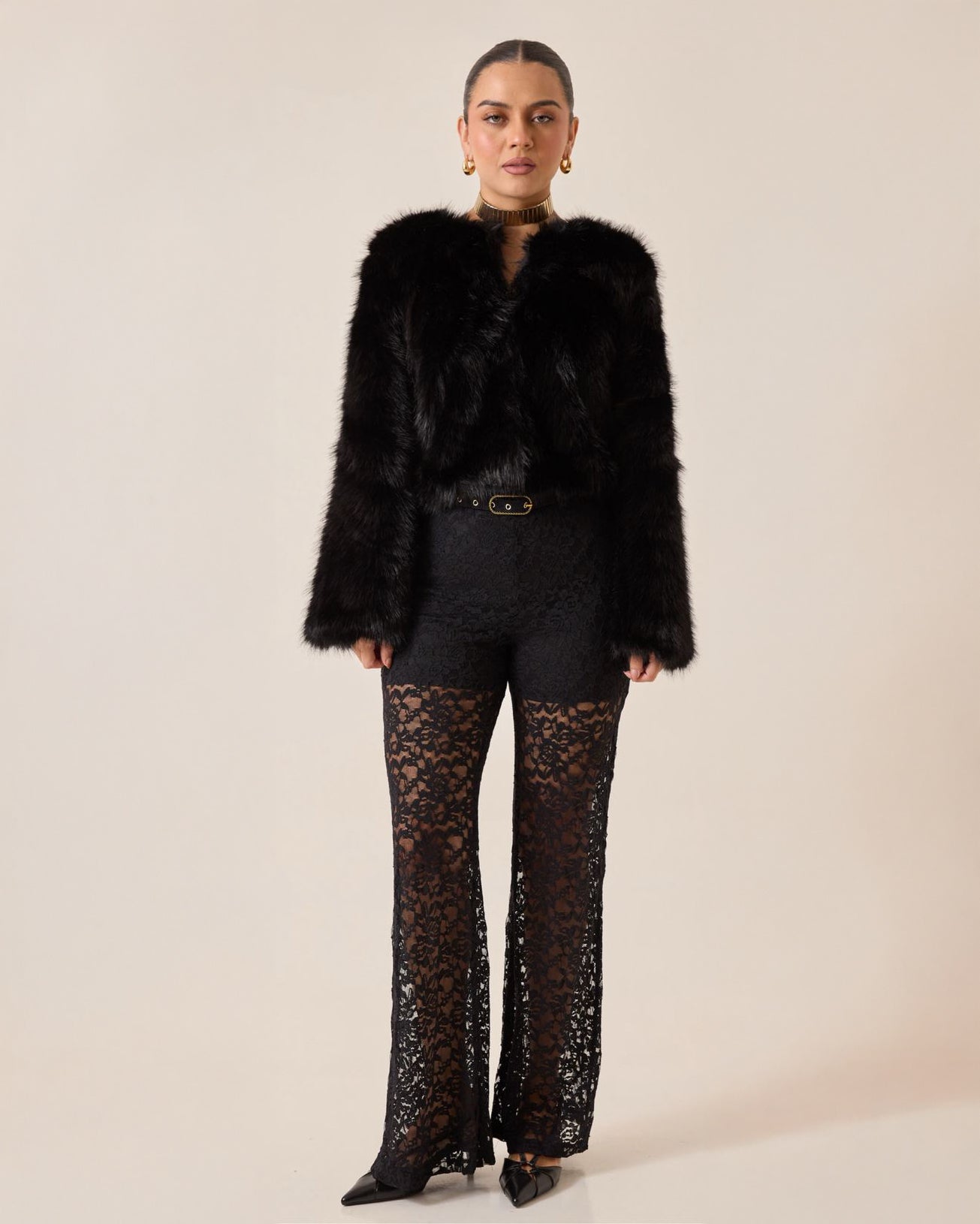 Pantalón Palazzo de Encaje Negro Transparente para Mujer - ROXANZ
