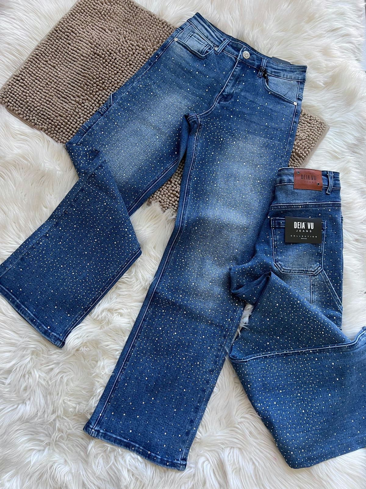 Jeans Rectos Azul Medio con Brillos para Mujer