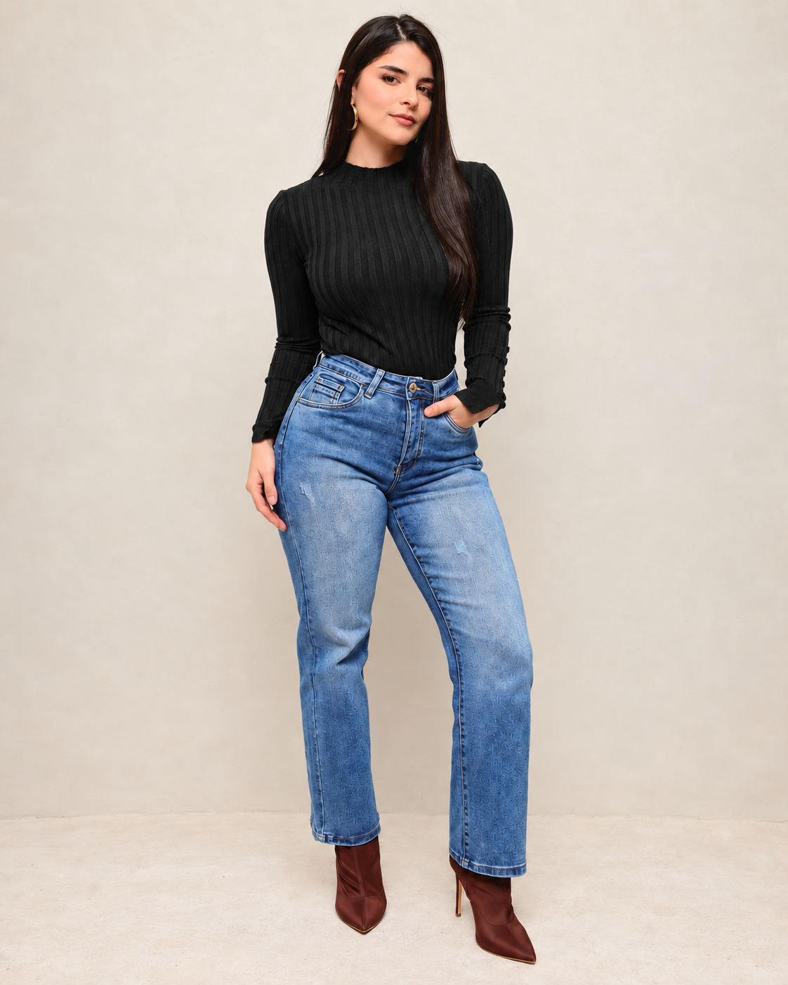 Blusa de Punto Canalé Manga Larga para Mujer