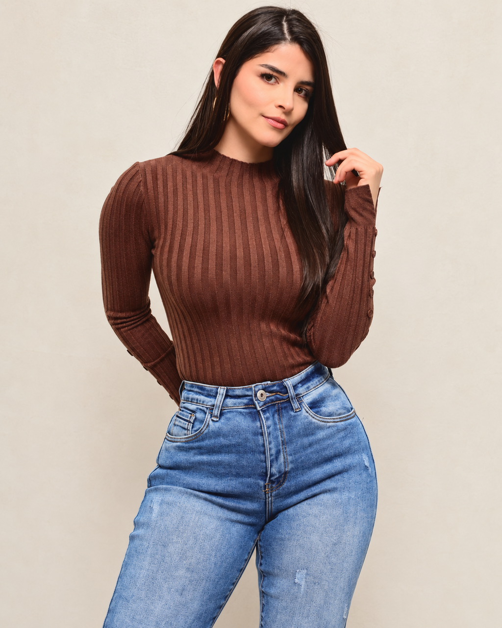 Blusa de Punto Canalé Manga Larga para Mujer