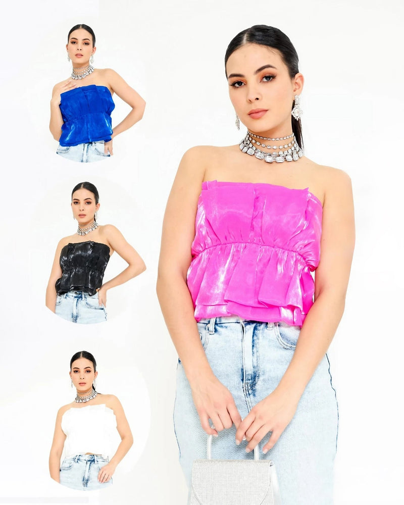 Blusa Bandeau Satín Brillante con Volantes Elegancia Juvenil para Mujer - Roxanz