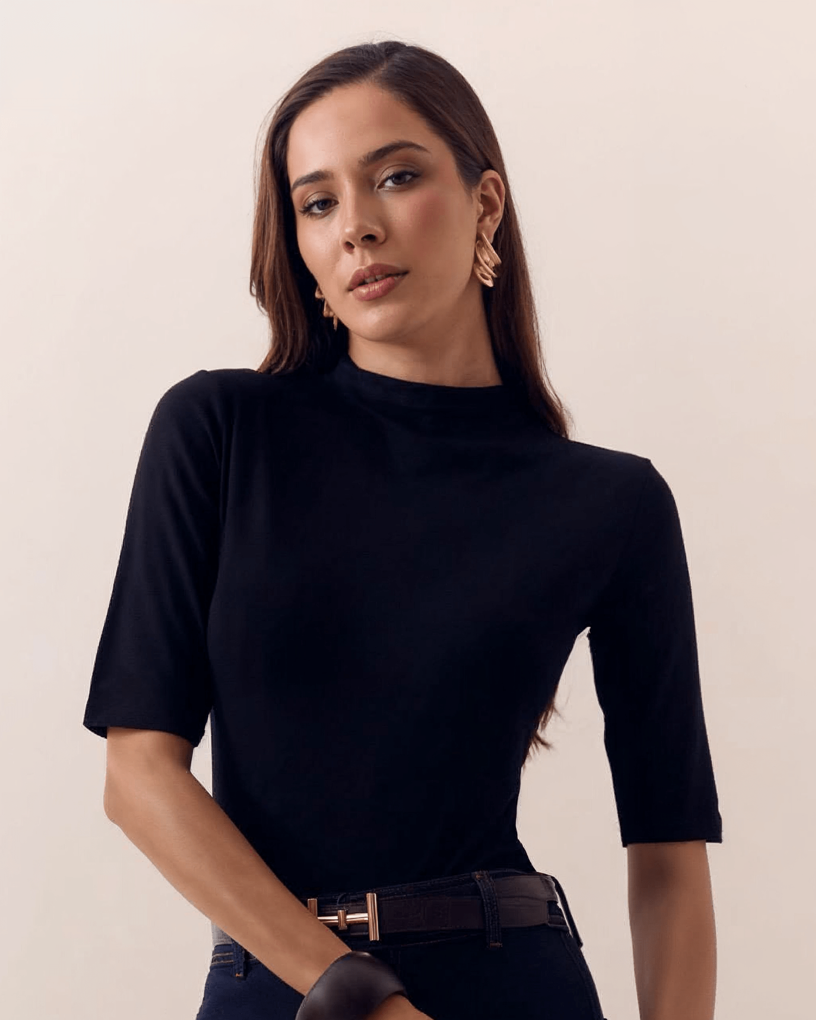 Blusa de Manga Corta Cuello Alto para Mujer - ROXANZ