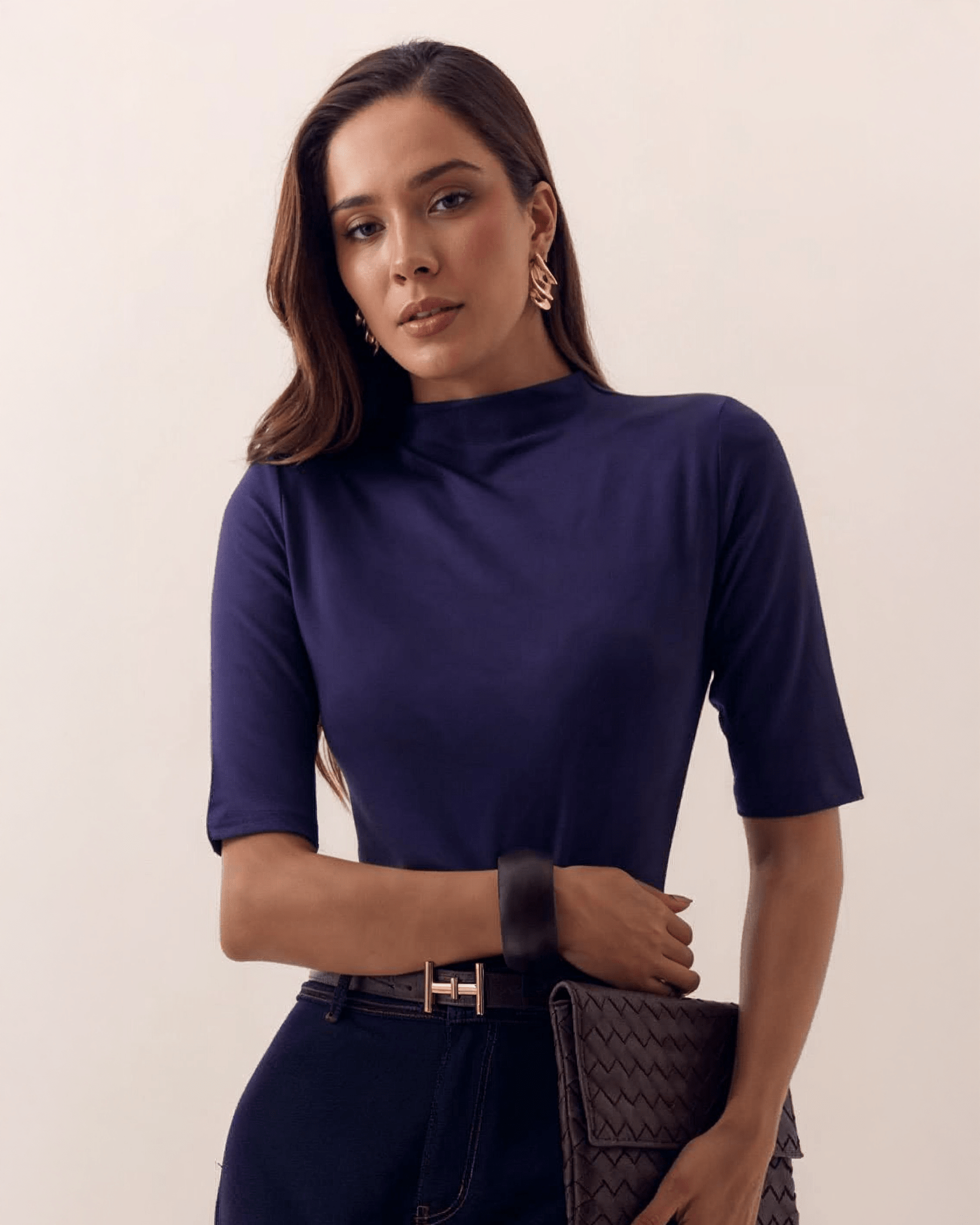 Blusa de Manga Corta Cuello Alto para Mujer - ROXANZ