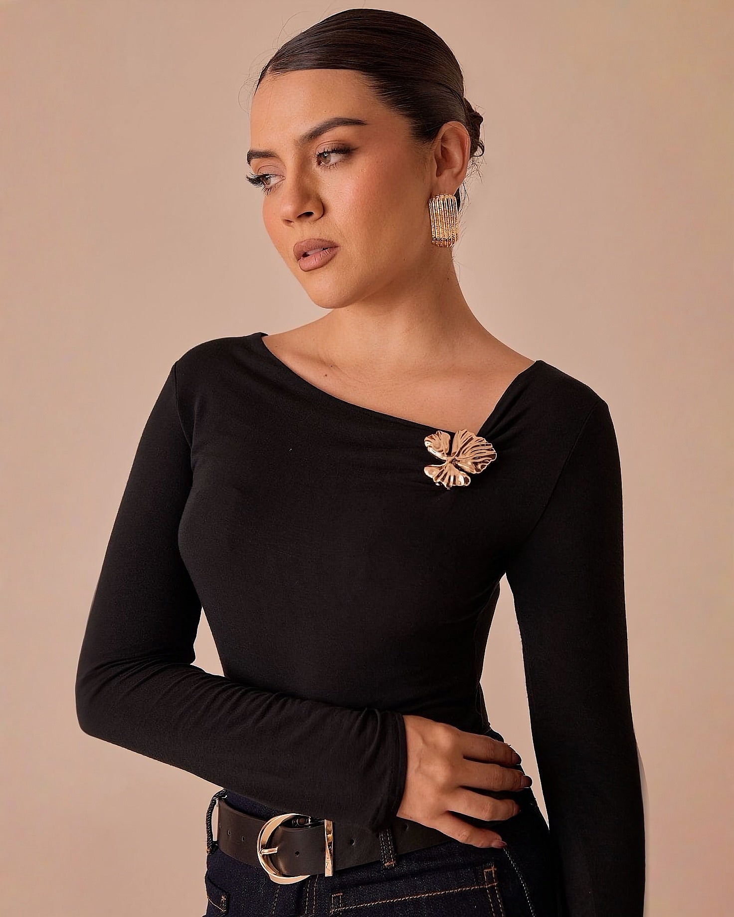 Blusa de Manga Larga con Escote Asimétrico para Mujer - ROXANZ