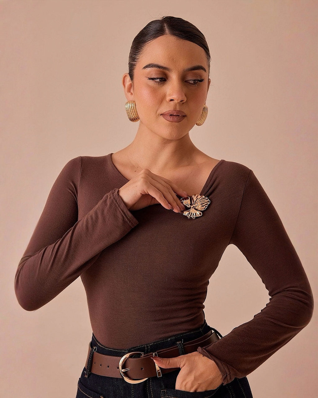 Blusa de Manga Larga con Escote Asimétrico para Mujer - ROXANZ