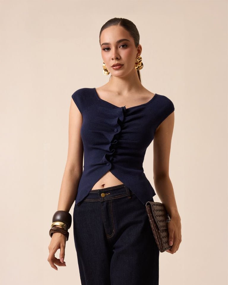 Blusa de Punto con Detalle Fruncido y Escote Asimétrico - ROXANZ