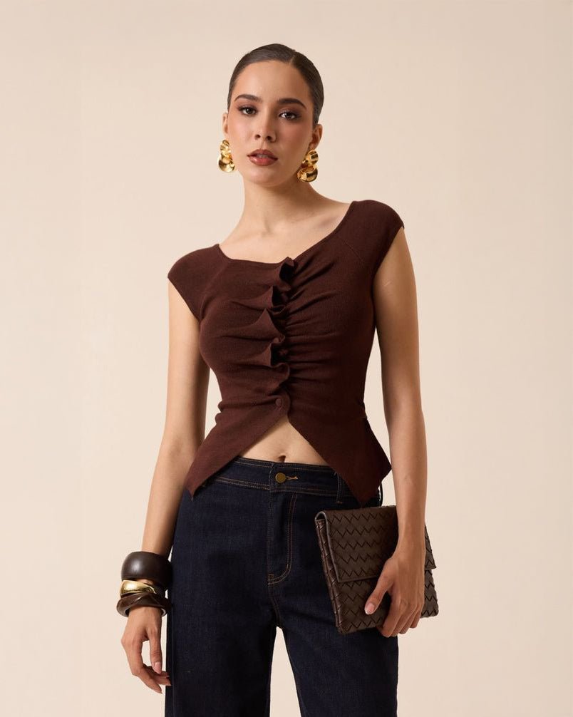 Blusa de Punto con Detalle Fruncido y Escote Asimétrico - ROXANZ