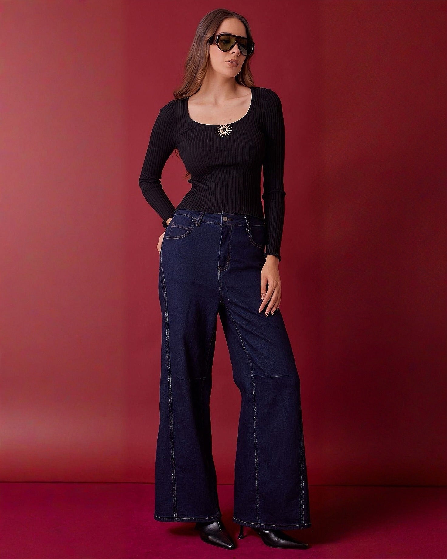 Blusa de Punto Manga Larga con Escote Redondo y Broche Elegante para Mujer - ROXANZ