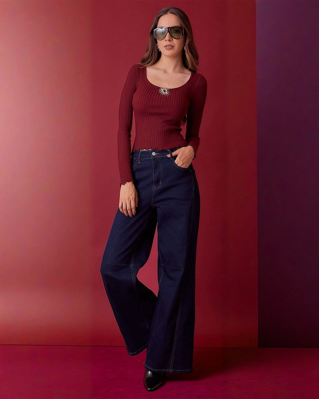 Blusa de Punto Manga Larga con Escote Redondo y Broche Elegante para Mujer - ROXANZ