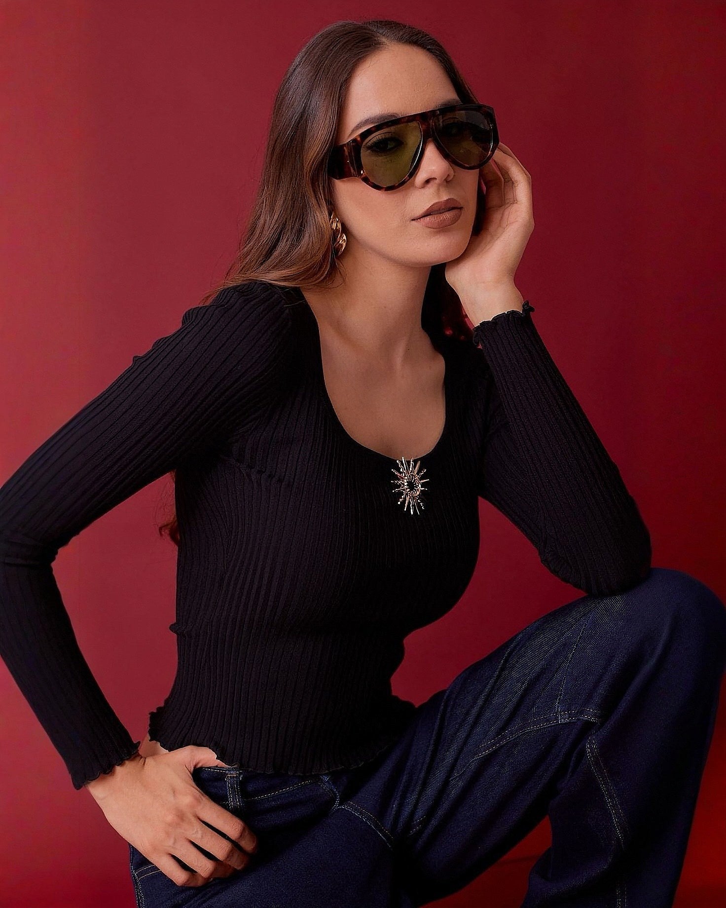 Blusa de Punto Manga Larga con Escote Redondo y Broche Elegante para Mujer - ROXANZ