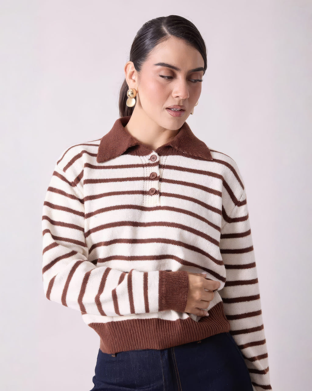 Suéter Tejido Rayas Crema Café Cuello Polo