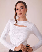 Body de Manga Larga con Brillos y Escote Cut Out para Mujer - ROXANZ