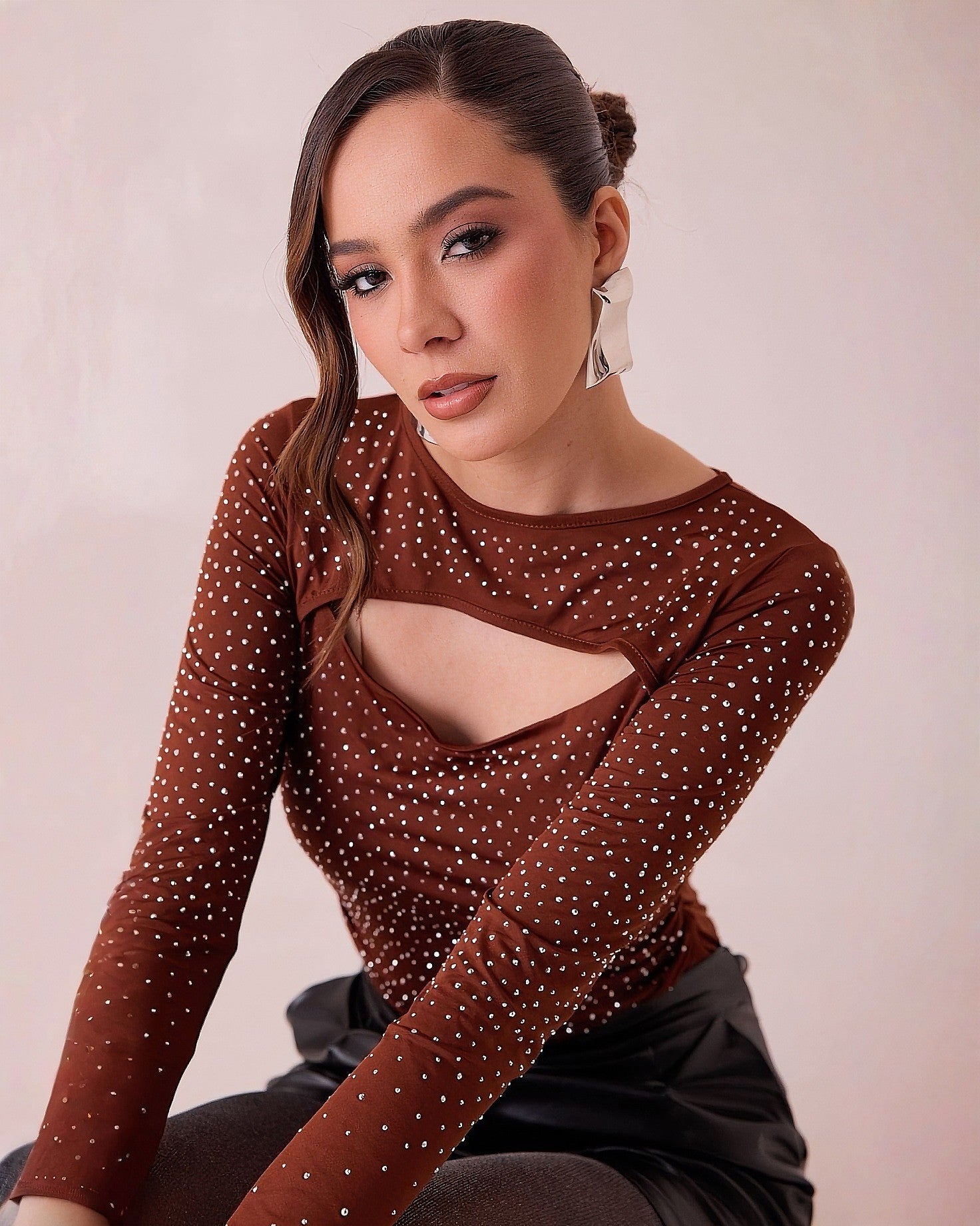 Body de Manga Larga con Brillos y Escote Cut Out para Mujer - ROXANZ