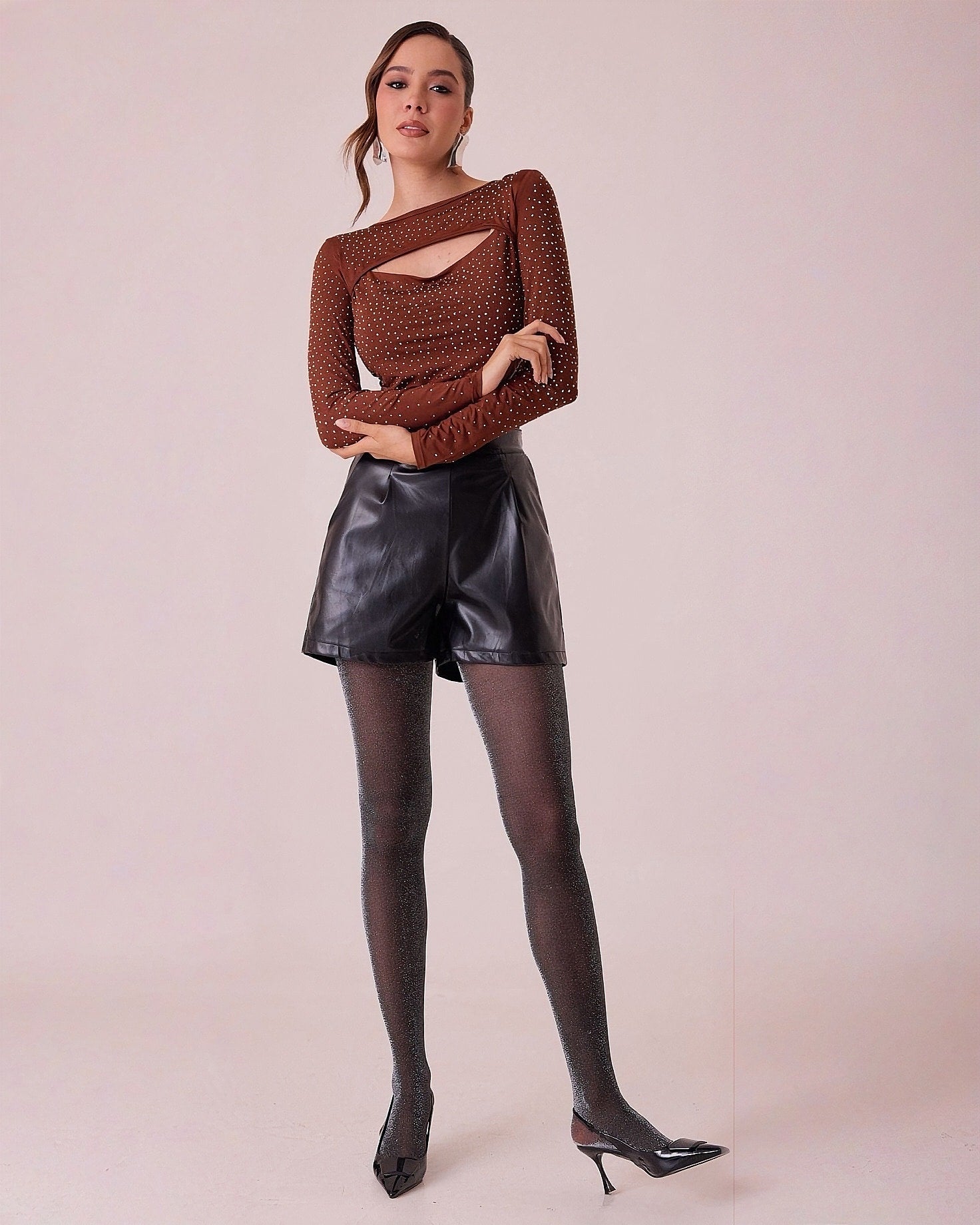 Body de Manga Larga con Brillos y Escote Cut Out para Mujer - ROXANZ