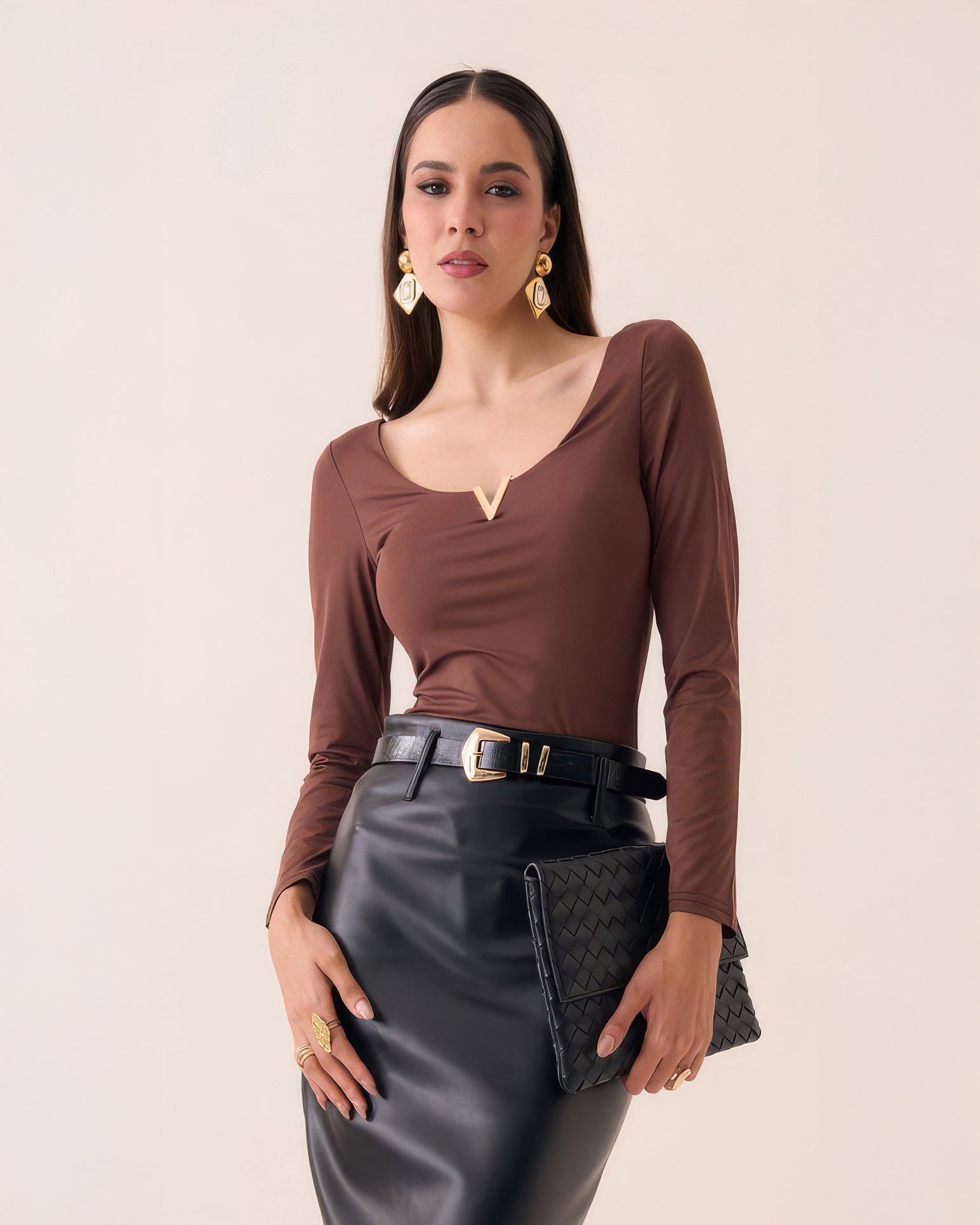 Body de Manga Larga con Escote V y Detalle Metálico para Mujer - ROXANZ