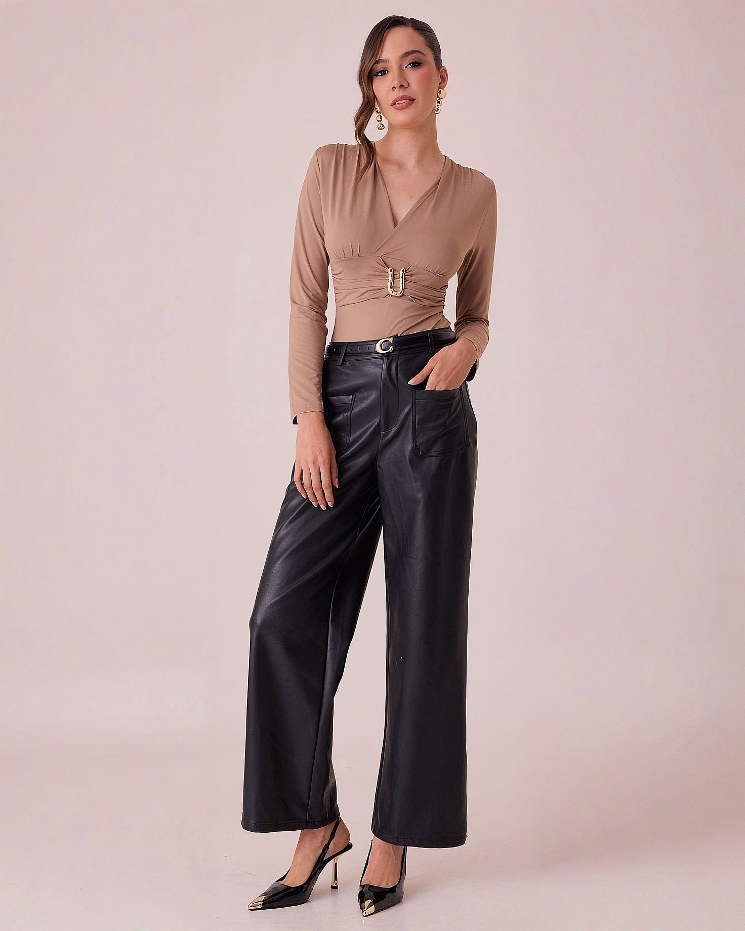 Body de Mujer Manga Larga con Escote en V y Detalle Metálico Elegante - ROXANZ