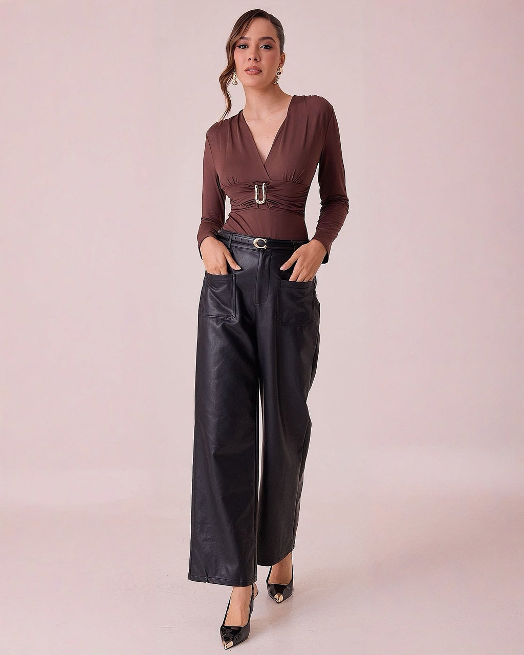 Body de Mujer Manga Larga con Escote en V y Detalle Metálico Elegante - ROXANZ