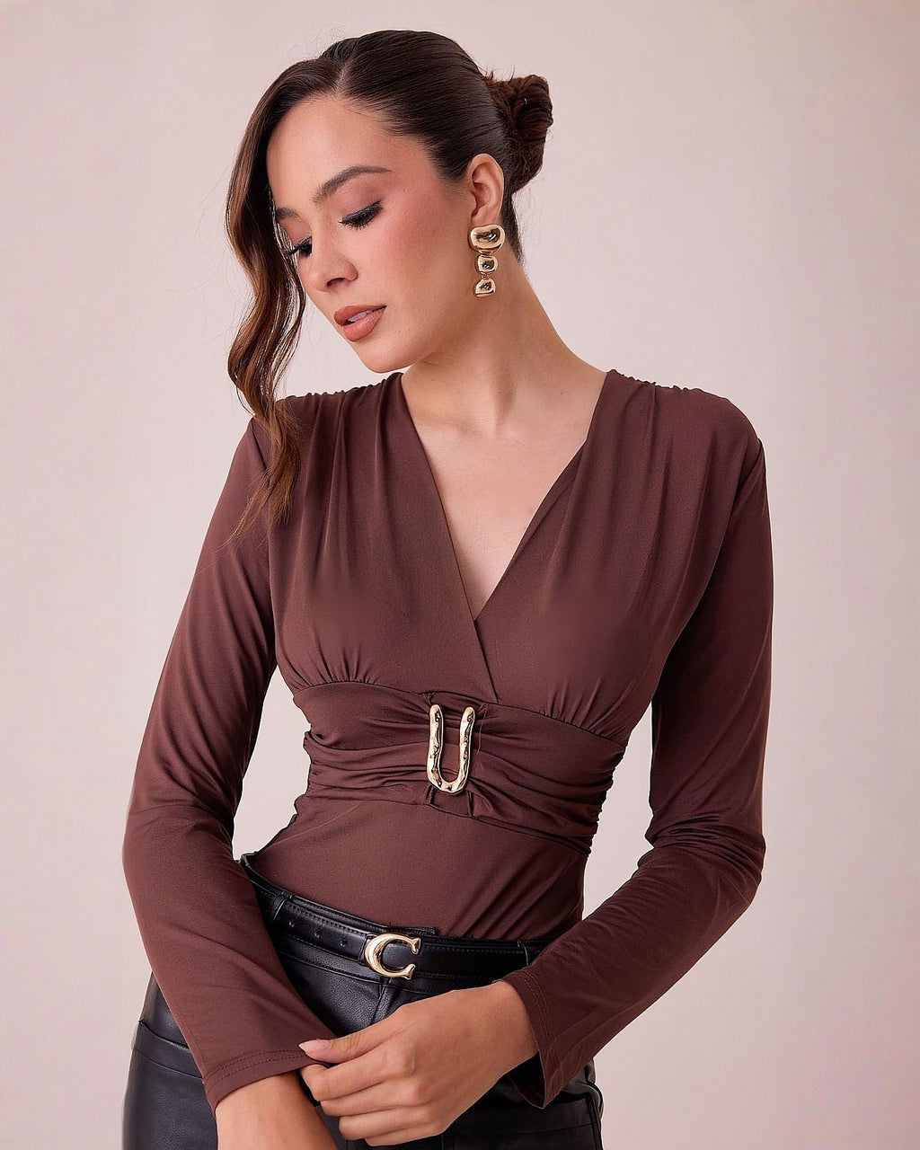 Body de Mujer Manga Larga con Escote en V y Detalle Metálico Elegante - ROXANZ