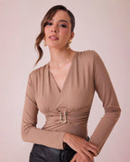 Body de Mujer Manga Larga con Escote en V y Detalle Metálico Elegante - ROXANZ