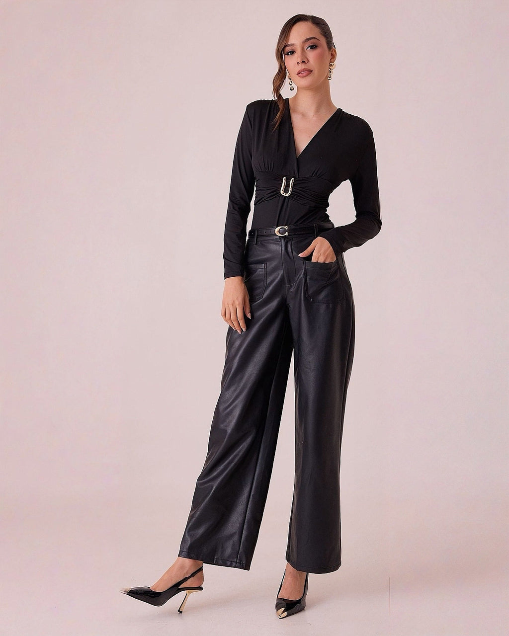 Body de Mujer Manga Larga con Escote en V y Detalle Metálico Elegante - ROXANZ