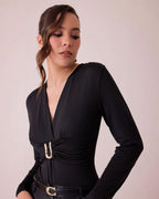 Body de Mujer Manga Larga con Escote en V y Detalle Metálico Elegante - ROXANZ