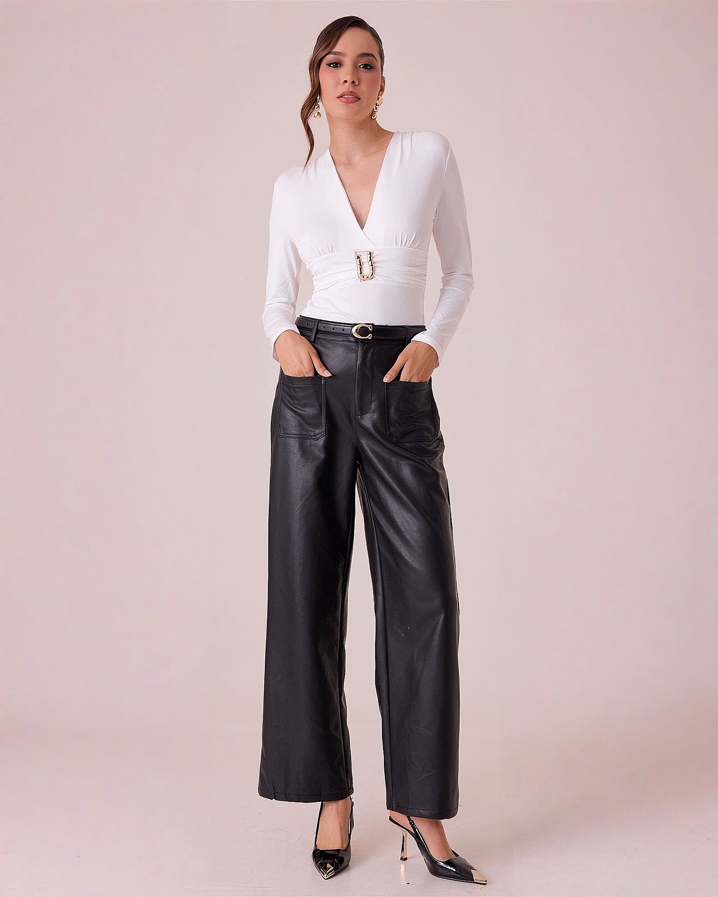 Body de Mujer Manga Larga con Escote en V y Detalle Metálico Elegante - ROXANZ