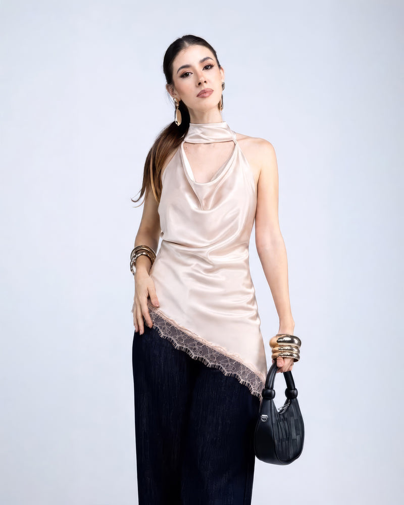 Blusa Satinada Cuello Halter Beige Negro M Beige