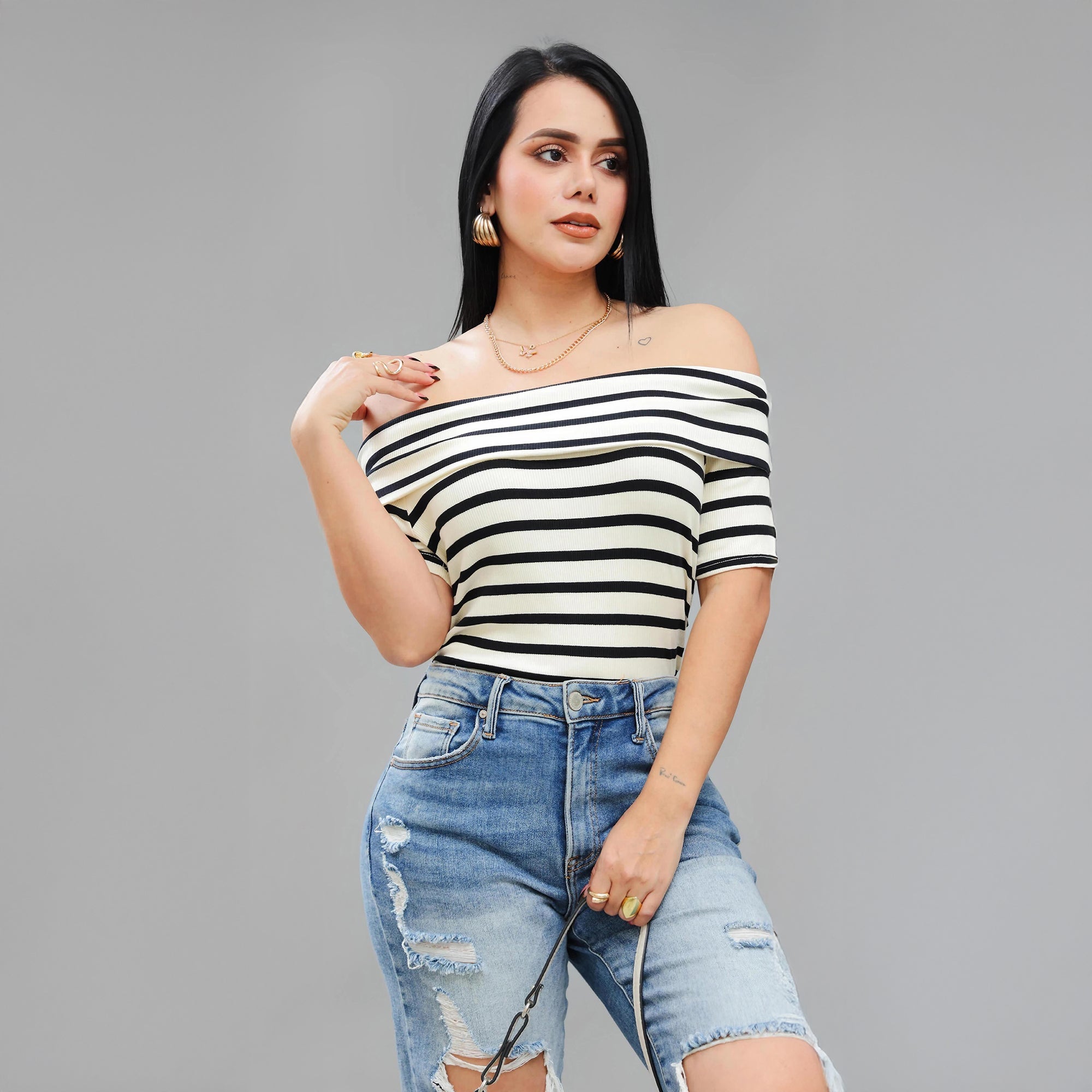 Camiseta de Rayas Off Shoulder para Mujeres - Roxanz