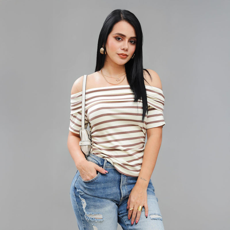 Camiseta de Rayas Off Shoulder para Mujeres - Roxanz