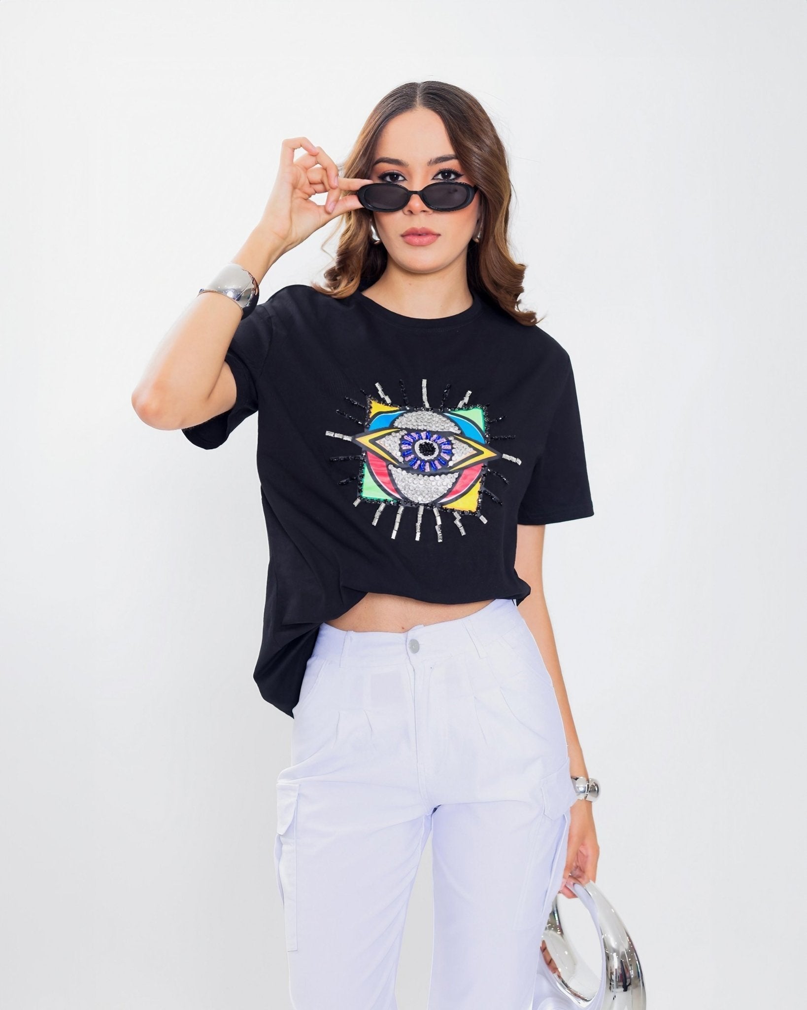 Camiseta Estampada Ojo Turco con Lentejuelas Protección y Moda - Roxanz
