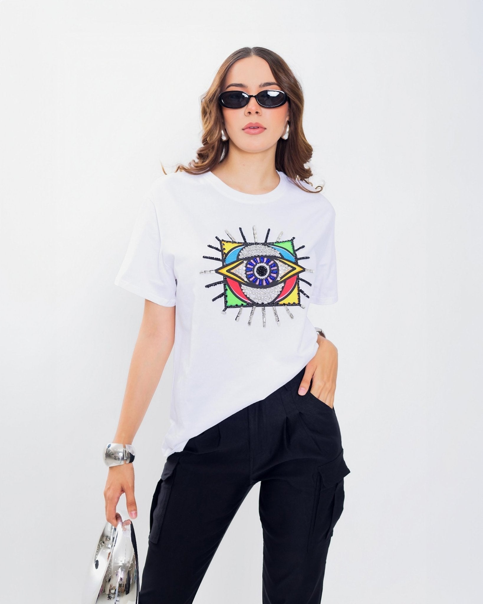 Camiseta Estampada Ojo Turco con Lentejuelas Protección y Moda - Roxanz