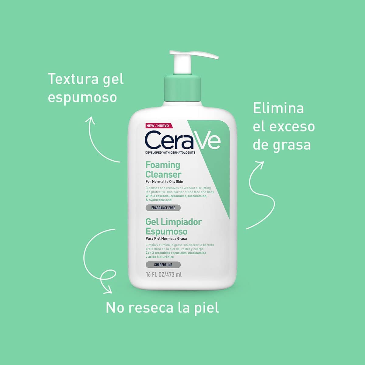 CeraVe Gel Limpiador Espumoso Diario para Piel Mixta, Grasa o con Acné 473ml - Roxanz