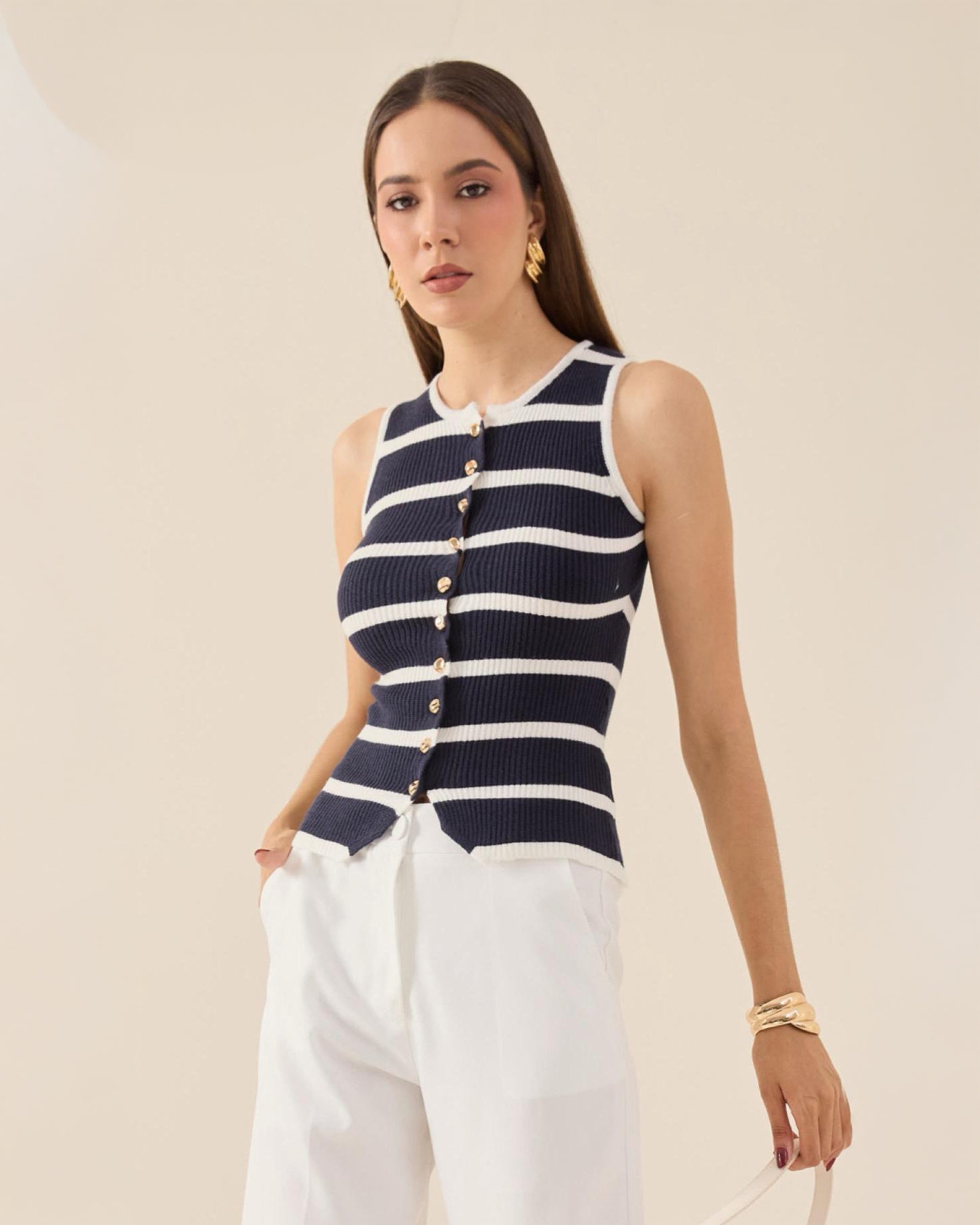 Chaleco Tejido de Rayas con Botones para Mujer Casual - ROXANZ