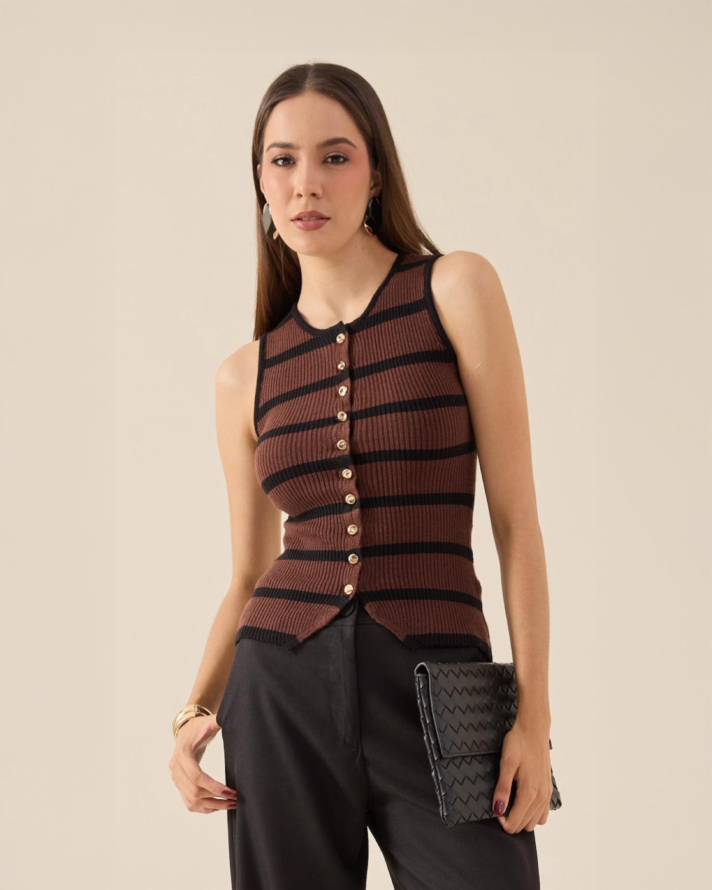 Chaleco Tejido de Rayas con Botones para Mujer Casual - ROXANZ