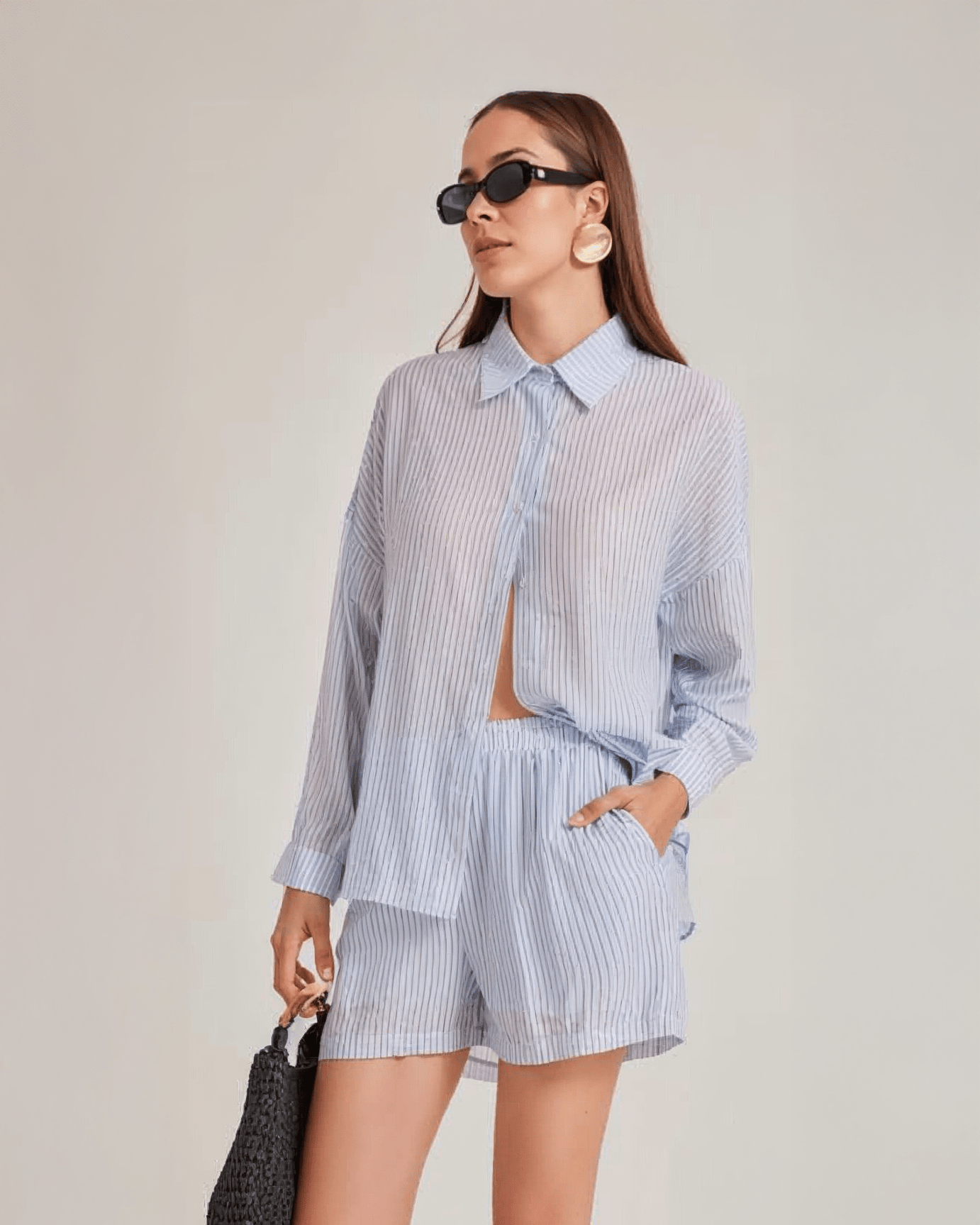 Conjunto de Camisa y Short de Rayas para Mujer Casual Elegante - ROXANZ