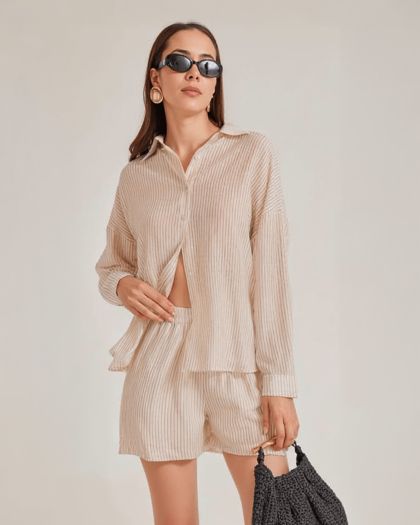 Conjunto de Camisa y Short de Rayas para Mujer Casual Elegante - ROXANZ