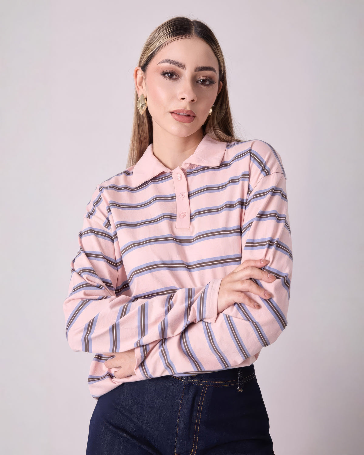 Blusa Polo Rayas Rosa Azul Botones
