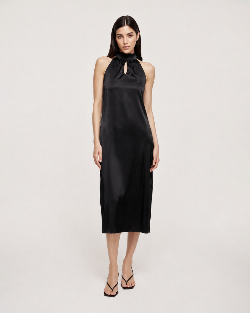 Vestido Halter Satinado Blanco M Negro
