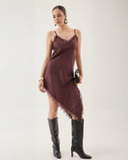 Vestido Satín Asimétrico Negro Encaje