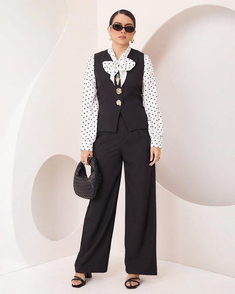 Conjunto Chaleco Pantalón Coordinado Lunares M Negro