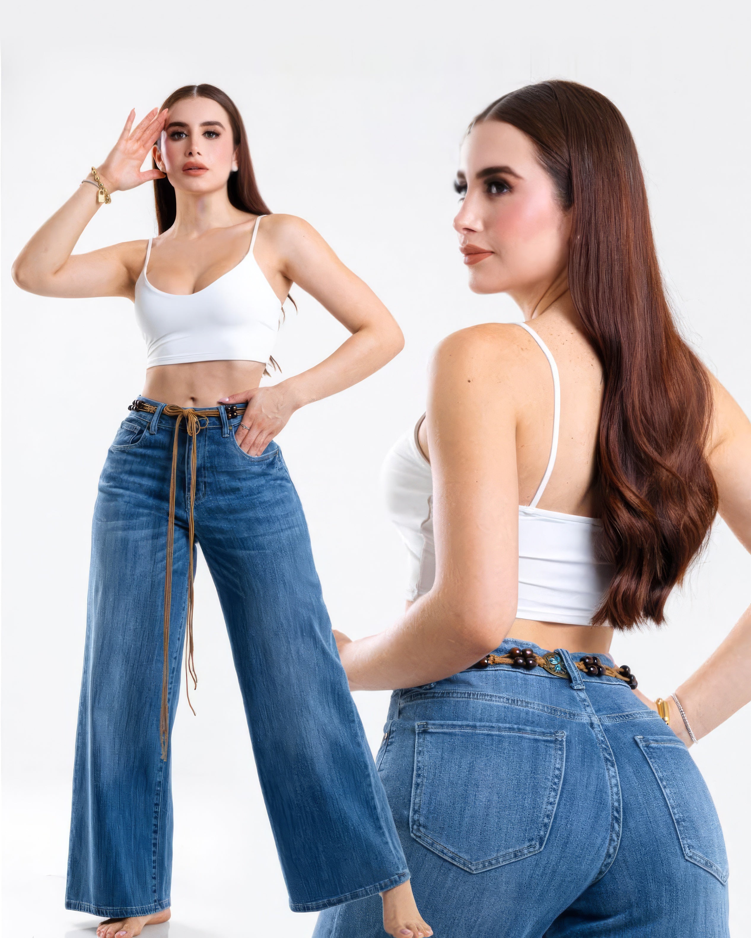 Jeans Wide Leg Mezclilla Azul Claro Cinturilla Trenzada