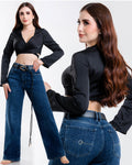 Jeans Straight Wide Mezclilla Azul Oscuro Cintura Alta