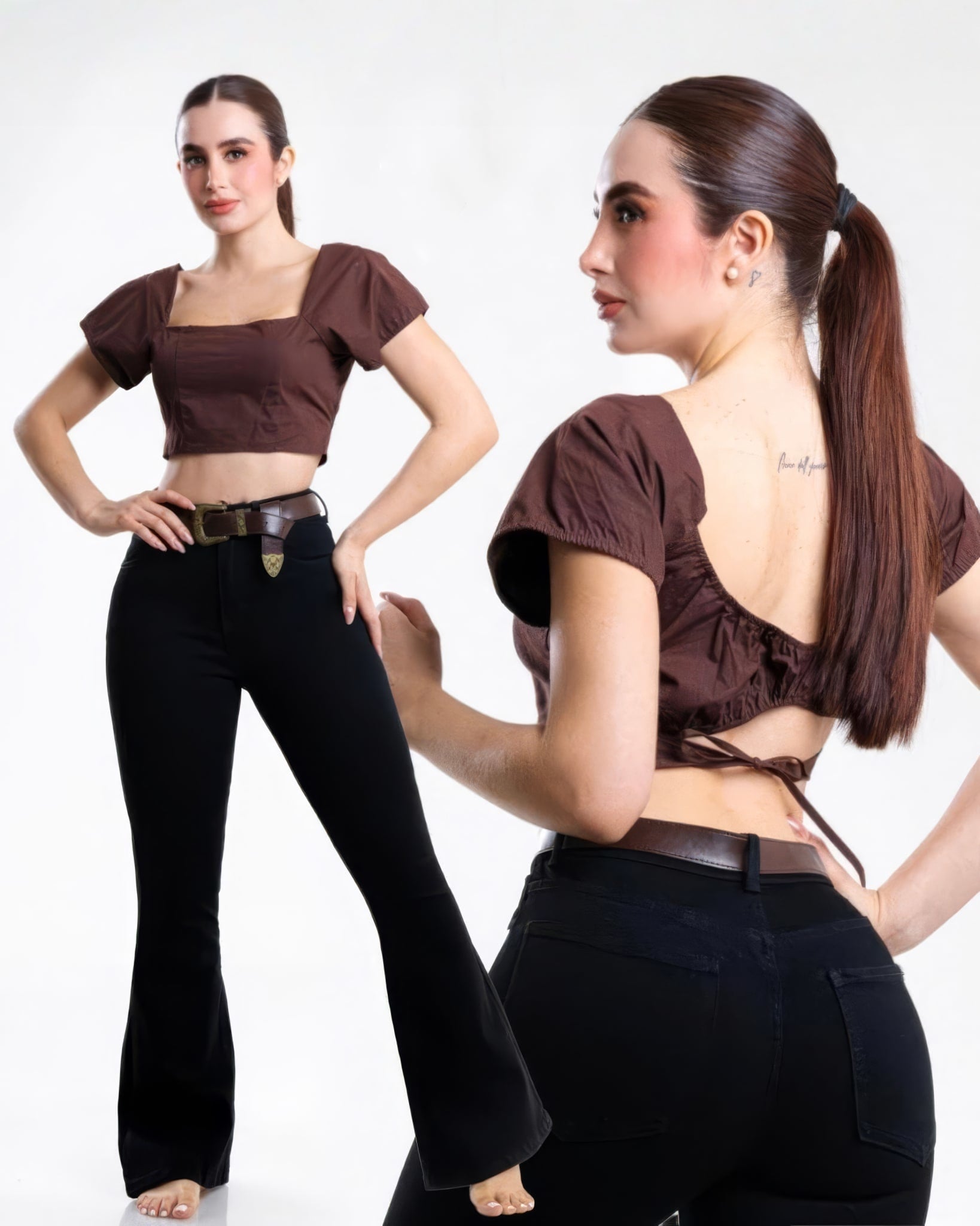 Jeans Corte Bota Negro Boton Cinturon