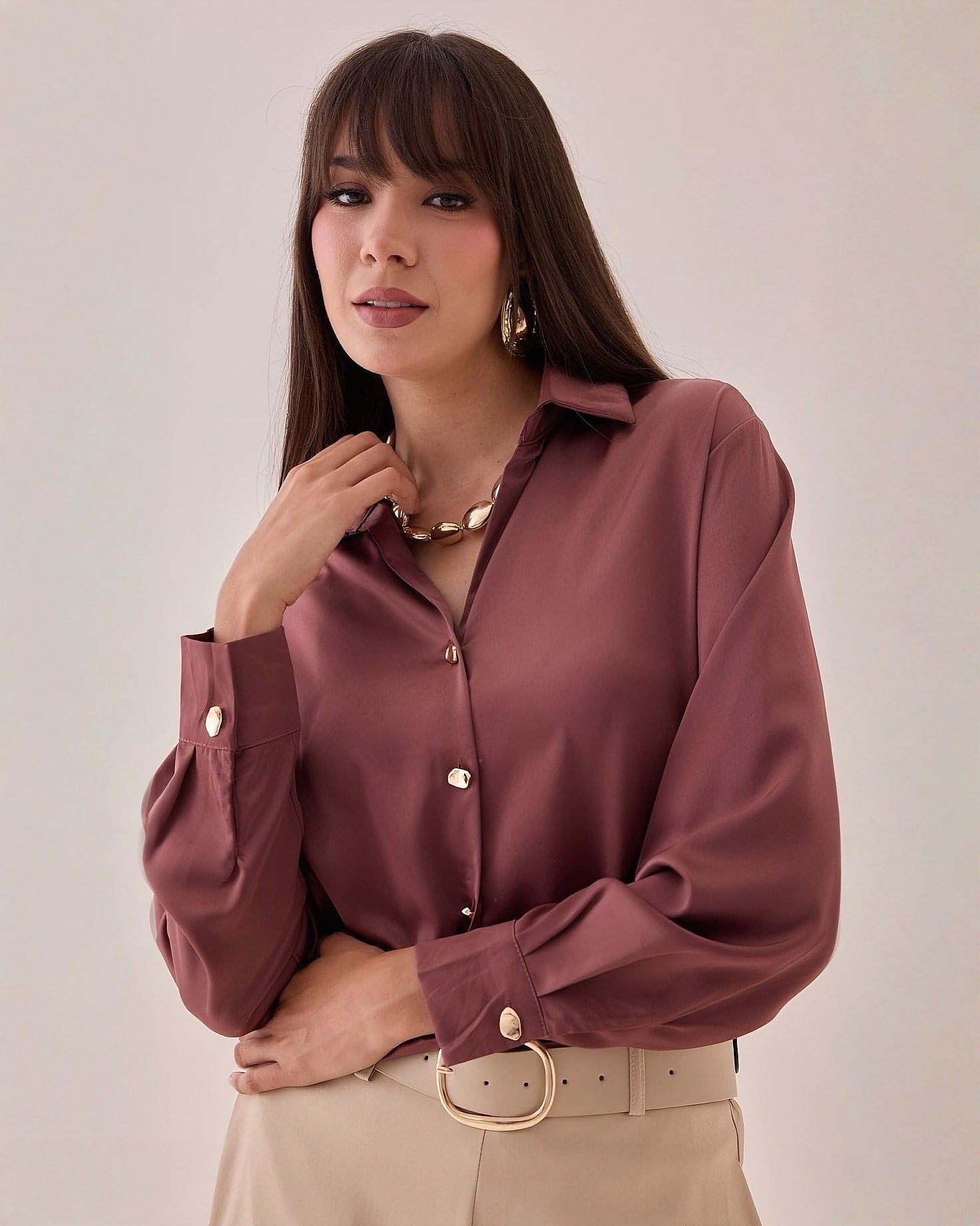 Camisa Satin Botones Dorados