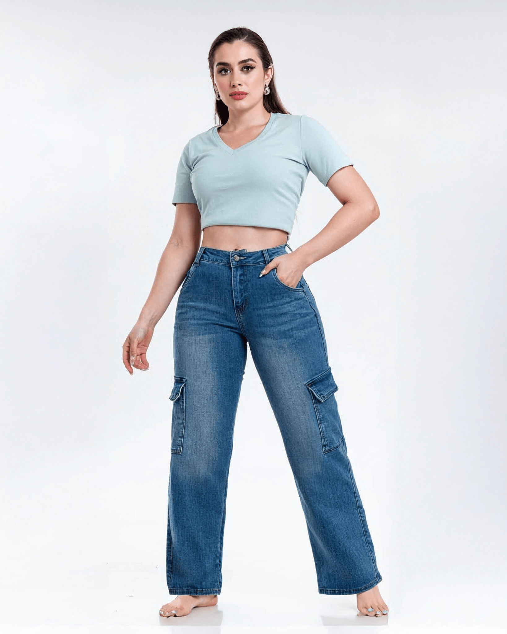 Jeans Cargo Wide Leg de Mujer Tiro Alto con Bolsas Laterales - ROXANZ
