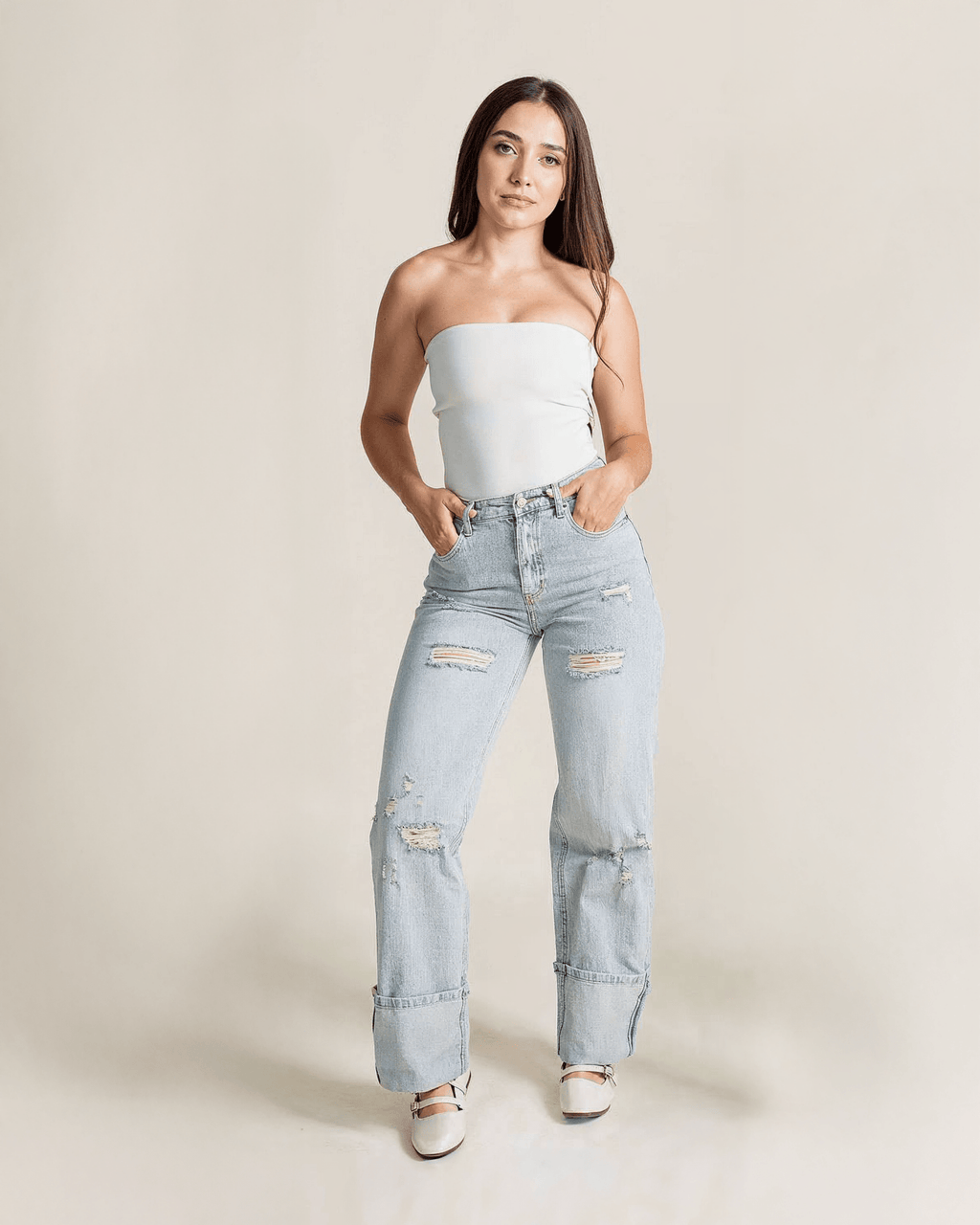 Jeans Cropped Straight de Mujer Tiro Alto Rotos Azul Claro - ROXANZ