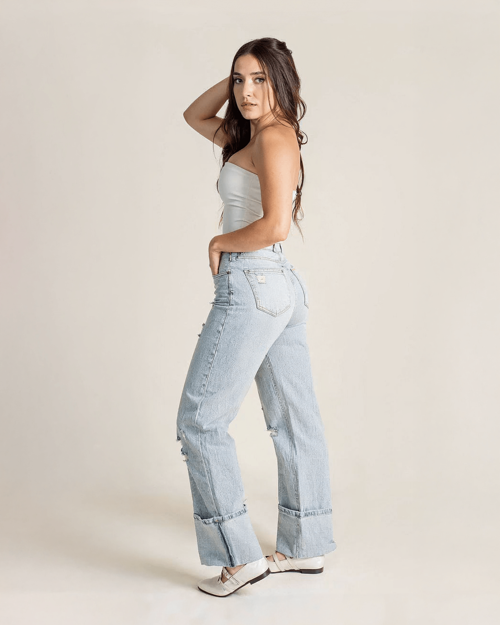 Jeans Cropped Straight de Mujer Tiro Alto Rotos Azul Claro - ROXANZ