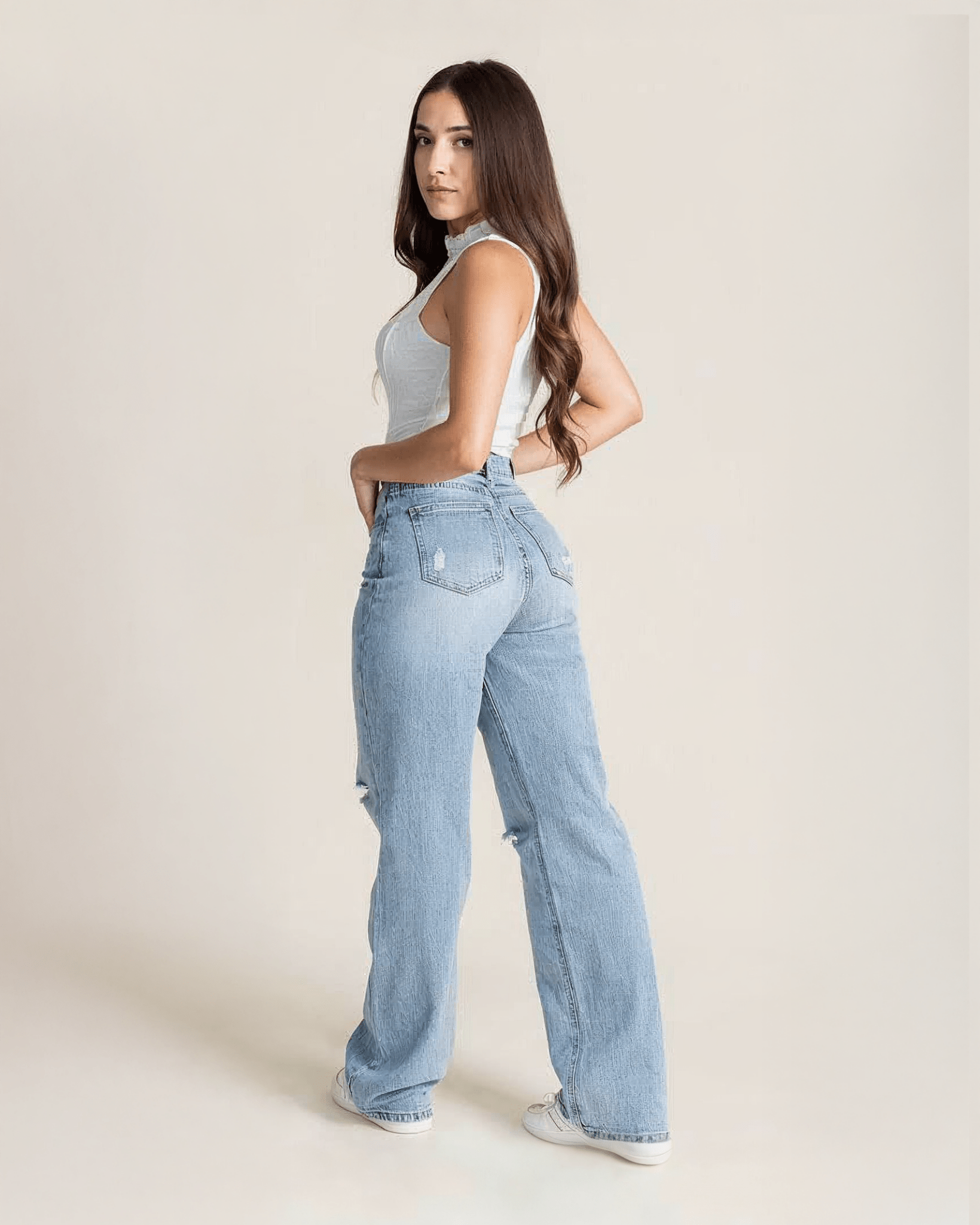 Jeans Rectos de Mezclilla para Mujer Tiro Alto Azul Claro - ROXANZ