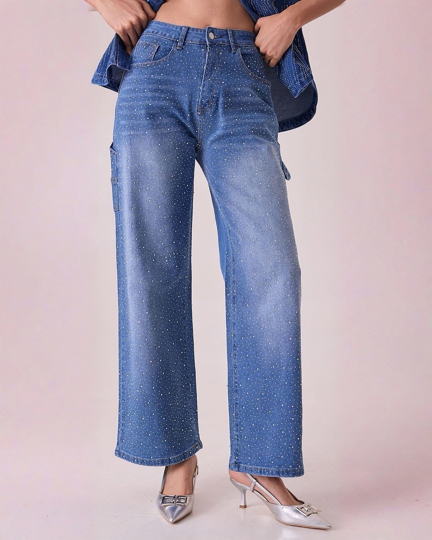 Jeans Rectos de Mujer con Brillos Elegantes Tiro Alto - ROXANZ